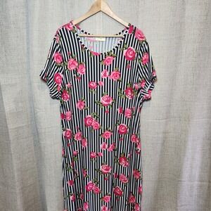 Bobbie Brooks Plus Size Maxi Dress Womens 3X Striped Floral Stretch Short Sleeve